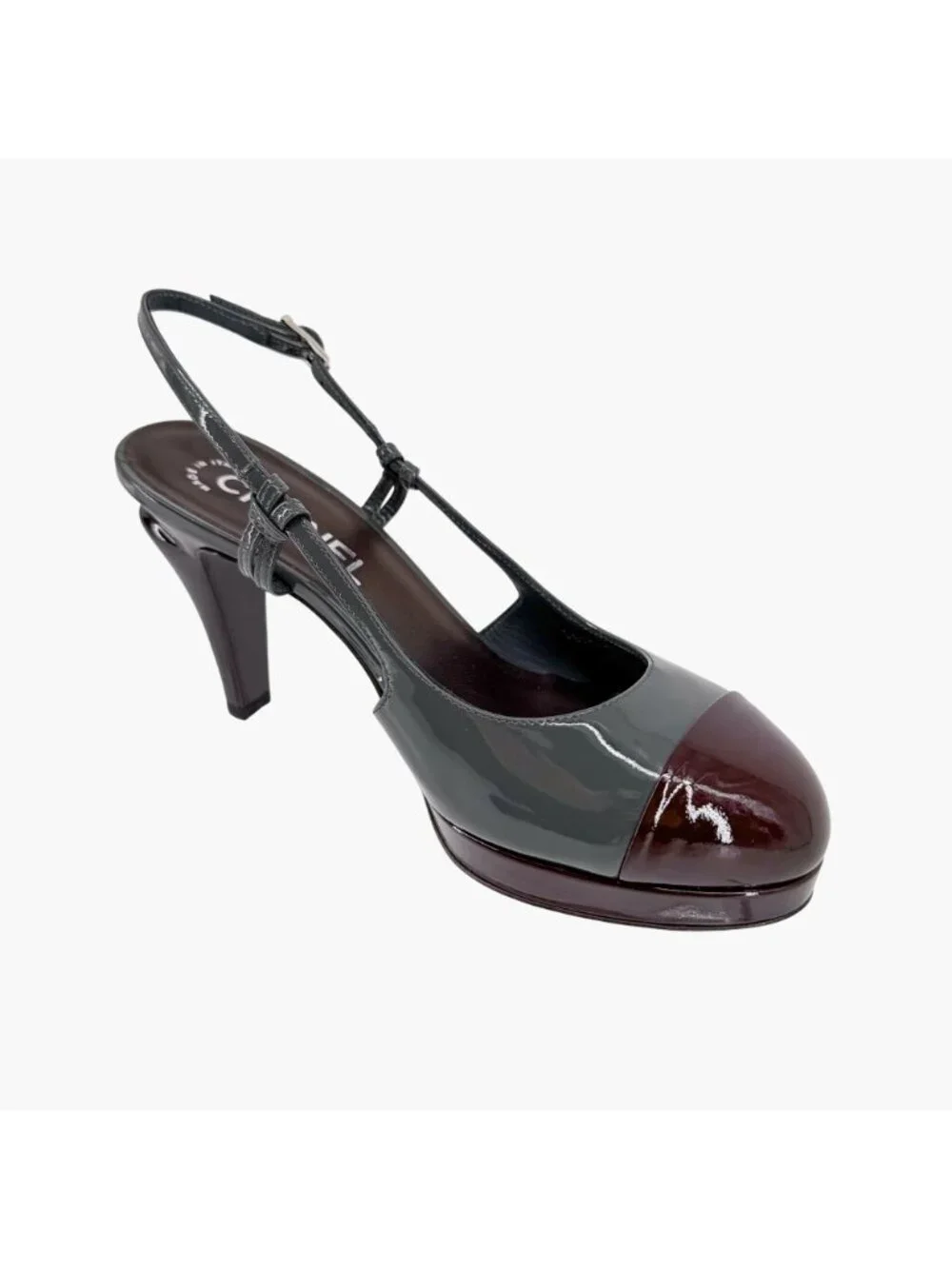 Chanel Gray Burgundy Patent Cap Toe Slingback Platform Pumps Size 37.5 US 6.5–7 - Picture 11 of 15